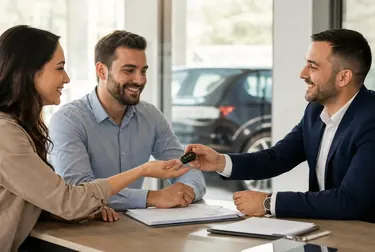 Profissional assistindo cliente durante a transferência de veículo.
